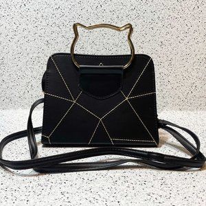 Gold Plated Cat Head Handle Black Crossbody Bag, Faux Leather